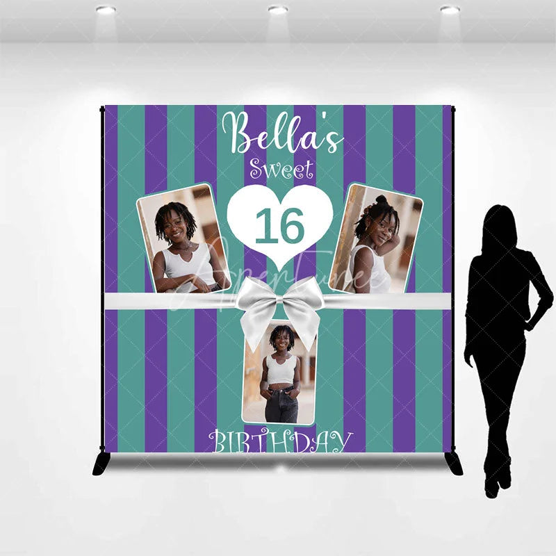 Aperturee - Aperturee Personalized Sweet 16 Birthday Photo Backdrop Custom Name Purple and Green Striped Party Banner