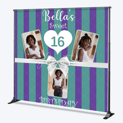 Aperturee - Aperturee Personalized Sweet 16 Birthday Photo Backdrop Custom Name Purple and Green Striped Party Banner