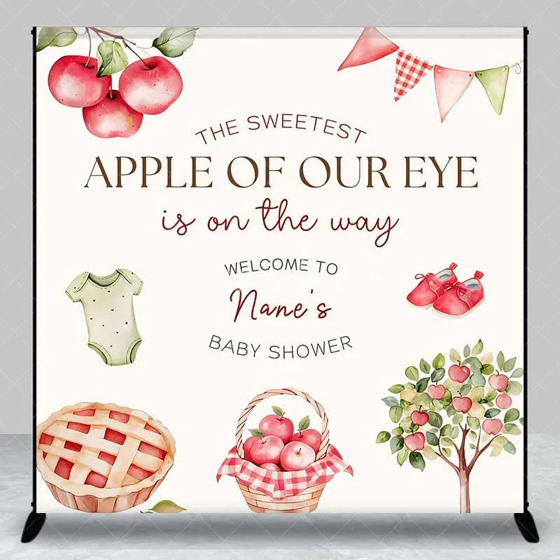 Aperturee - Aperturee Personalized Sweetest Apple of Our Eye Baby Shower Backdrop Red Apple Tree and Pie Party Decoration