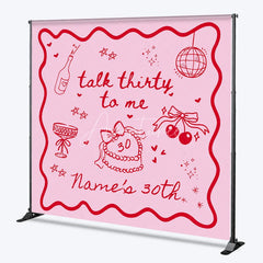 Aperturee - Aperturee Personalized Talk Thirty to Me 30th Birthday Backdrop Red Doodles and Cherries on Pink Background Custom Name Party