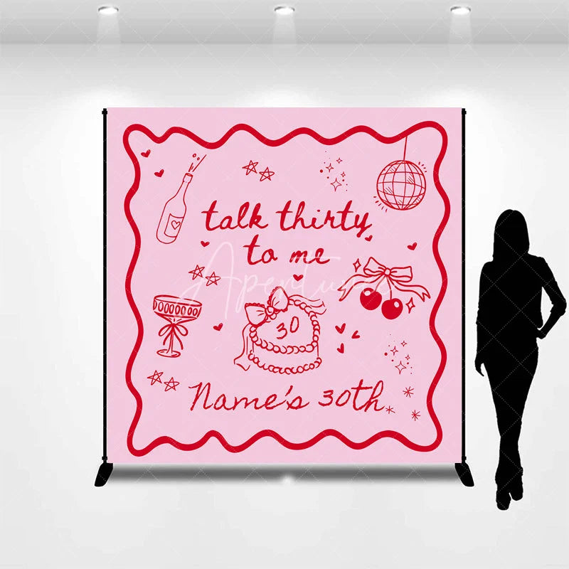 Aperturee - Aperturee Personalized Talk Thirty to Me 30th Birthday Backdrop Red Doodles and Cherries on Pink Background Custom Name Party