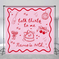 Aperturee - Aperturee Personalized Talk Thirty to Me 30th Birthday Backdrop Red Doodles and Cherries on Pink Background Custom Name Party
