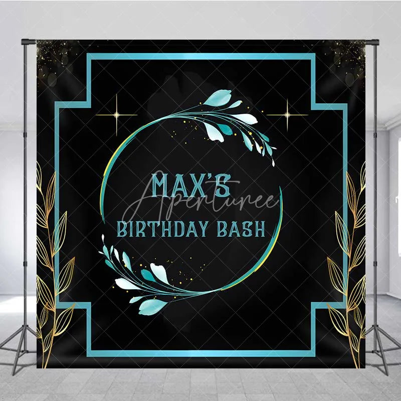 Aperturee - Aperturee Personalized Teal Floral Custom Birthday Backdrop Gold Frame Black Elegant Party Photography Background