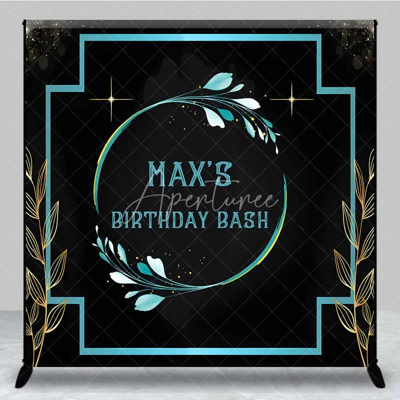 Aperturee - Aperturee Personalized Teal Floral Custom Birthday Backdrop Gold Frame Black Elegant Party Photography Background