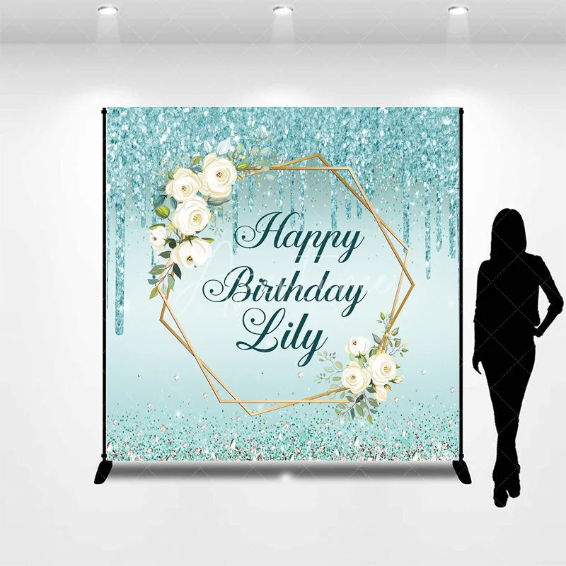 Aperturee - Aperturee Personalized Teal Glitter Happy Birthday Custom Backdrop Elegant Gold Geometric Frame with White Roses Decor