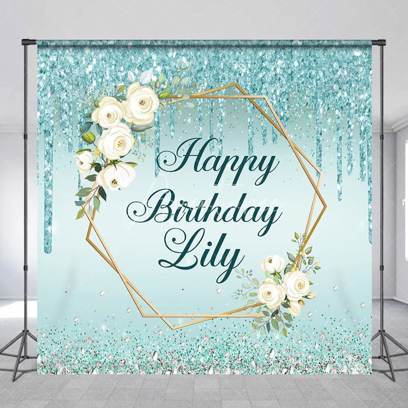 Aperturee - Aperturee Personalized Teal Glitter Happy Birthday Custom Backdrop Elegant Gold Geometric Frame with White Roses Decor