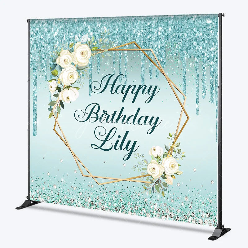 Aperturee - Aperturee Personalized Teal Glitter Happy Birthday Custom Backdrop Elegant Gold Geometric Frame with White Roses Decor