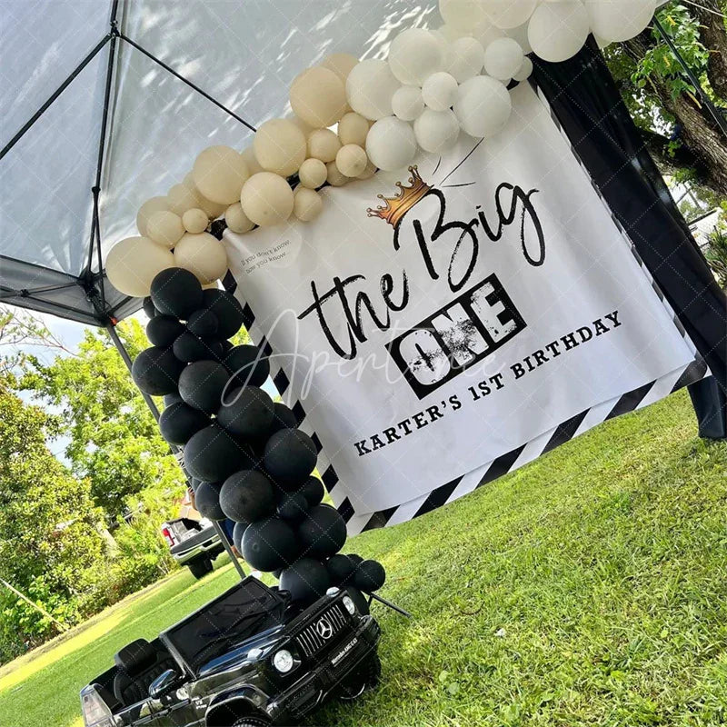 Aperturee - Aperturee Personalized The Big One 1st Birthday Backdrop Black and White Stripes with Gold Crown Party Background
