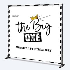 Aperturee - Aperturee Personalized The Big One 1st Birthday Backdrop Black and White Stripes with Gold Crown Party Background