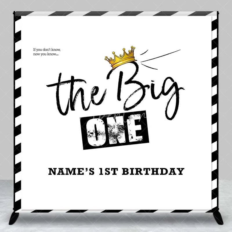 Aperturee - Aperturee Personalized The Big One 1st Birthday Backdrop Black and White Stripes with Gold Crown Party Background