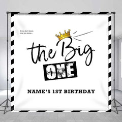 Aperturee - Aperturee Personalized The Big One 1st Birthday Backdrop Black and White Stripes with Gold Crown Party Background