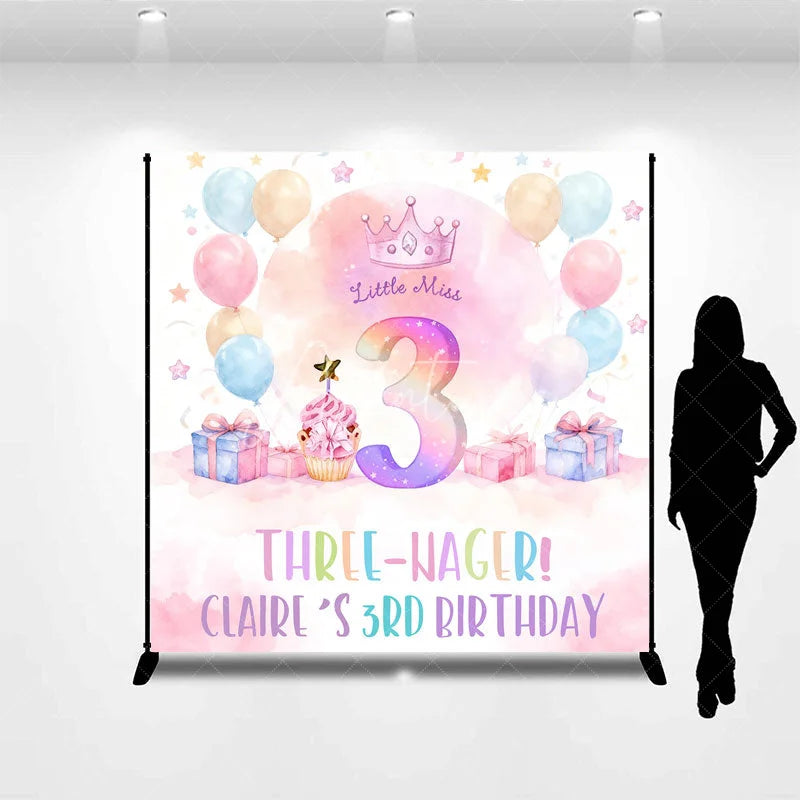 Aperturee - Aperturee Personalized Three-nager 3rd Birthday Backdrop Little Miss Three with Pastel Balloons Custom Name Party Decor