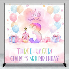 Aperturee - Aperturee Personalized Three-nager 3rd Birthday Backdrop Little Miss Three with Pastel Balloons Custom Name Party Decor