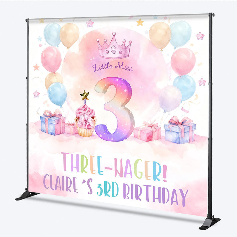 Aperturee - Aperturee Personalized Three-nager 3rd Birthday Backdrop Little Miss Three with Pastel Balloons Custom Name Party Decor