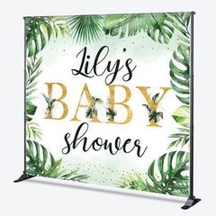 Aperturee - Aperturee Personalized Tropical Baby Shower Backdrop Wild Jungle with Greenery and Gold Custom Name Safari Party Decor