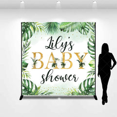 Aperturee - Aperturee Personalized Tropical Baby Shower Backdrop Wild Jungle with Greenery and Gold Custom Name Safari Party Decor