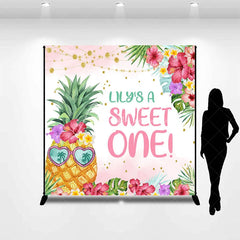 Aperturee - Aperturee Personalized Tropical Pineapple Sweet One Backdrop with Hibiscus Flowers and Palm Leaves First Birthday Party Decor