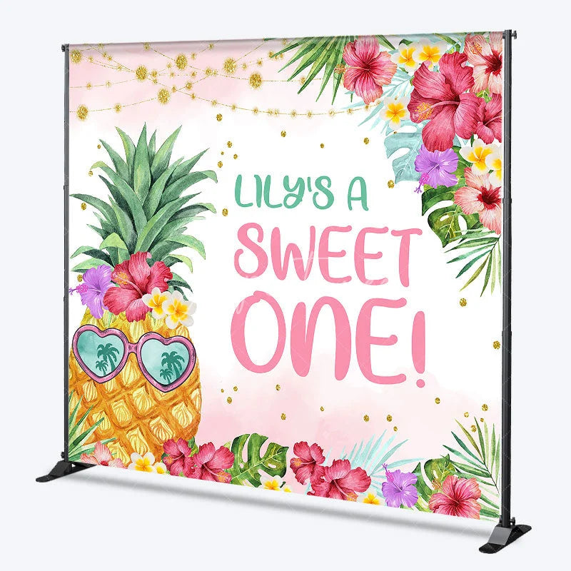 Aperturee - Aperturee Personalized Tropical Pineapple Sweet One Backdrop with Hibiscus Flowers and Palm Leaves First Birthday Party Decor