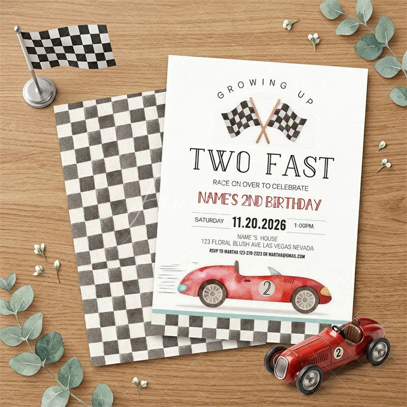 Aperturee - Aperturee Set of 20 Personalized Two Fast Racing Car 2nd Birthday Invitation Custom Checkered Flag Party Decor for Boys