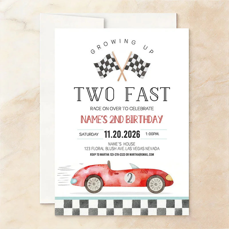 Aperturee - Aperturee Set of 20 Personalized Two Fast Racing Car 2nd Birthday Invitation Custom Checkered Flag Party Decor for Boys