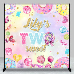 Aperturee - Aperturee Personalized Two Sweet Birthday Backdrop Candyland Donut and Lollipop Theme Custom Name 2nd Birthday Party for Girl