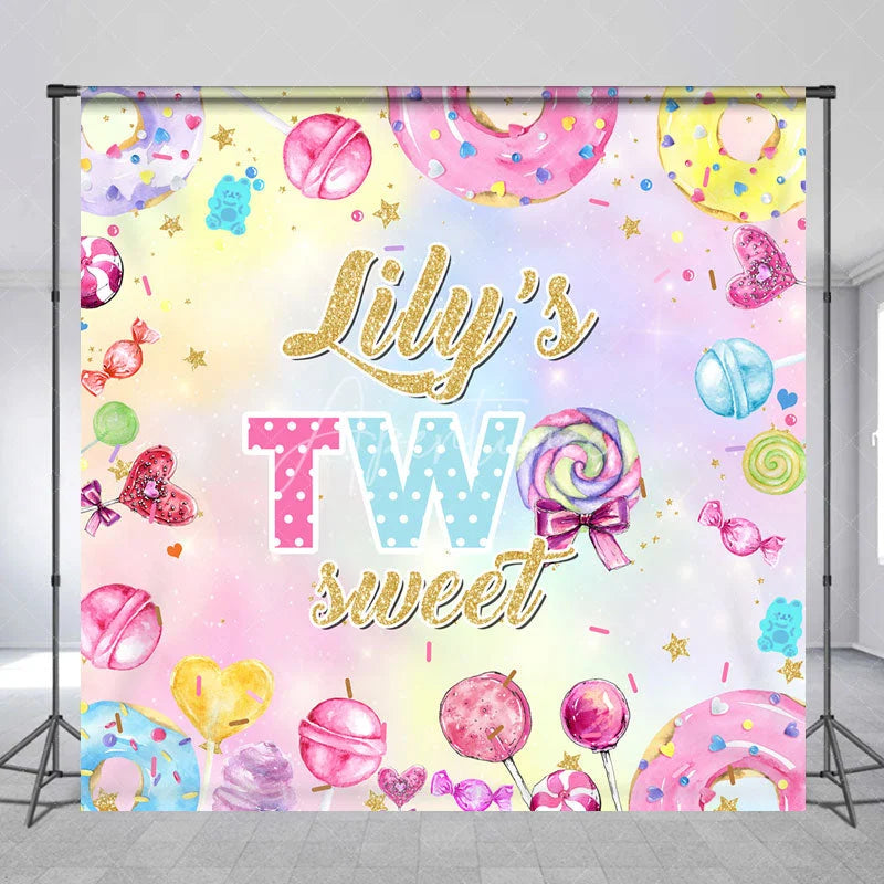 Aperturee - Aperturee Personalized Two Sweet Birthday Backdrop Candyland Donut and Lollipop Theme Custom Name 2nd Birthday Party for Girl