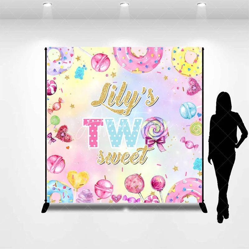 Aperturee - Aperturee Personalized Two Sweet Birthday Backdrop Candyland Donut and Lollipop Theme Custom Name 2nd Birthday Party for Girl
