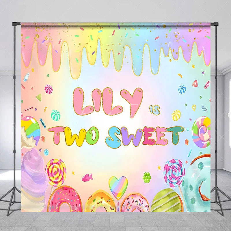 Aperturee - Aperturee Personalized Two Sweet Candy World Backdrop Custom Name Pastel Rainbow Donut Party Banner