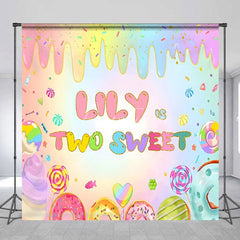 Aperturee - Aperturee Personalized Two Sweet Candy World Backdrop Custom Name Pastel Rainbow Donut Party Banner
