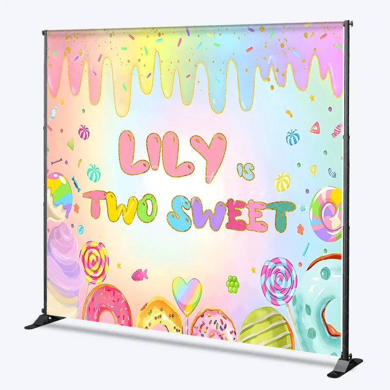 Aperturee - Aperturee Personalized Two Sweet Candy World Backdrop Custom Name Pastel Rainbow Donut Party Banner