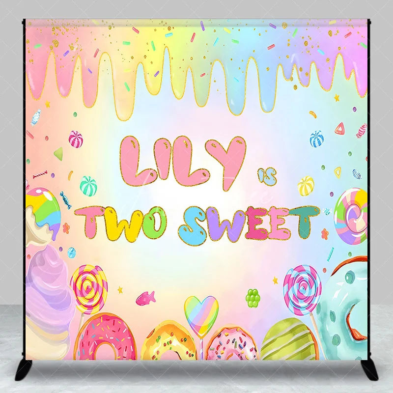 Aperturee - Aperturee Personalized Two Sweet Candy World Backdrop Custom Name Pastel Rainbow Donut Party Banner