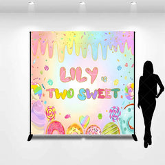 Aperturee - Aperturee Personalized Two Sweet Candy World Backdrop Custom Name Pastel Rainbow Donut Party Banner