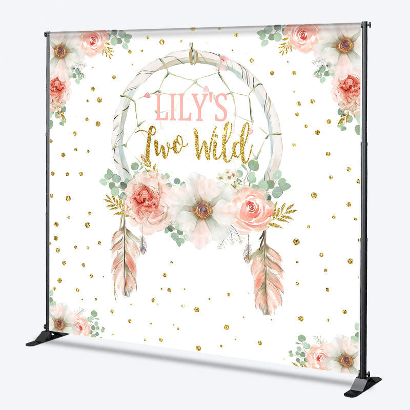 Aperturee - Aperturee Personalized Two Wild 2nd Birthday Backdrop Boho Floral Dreamcatcher Theme Custom Name Party Decor for Girl