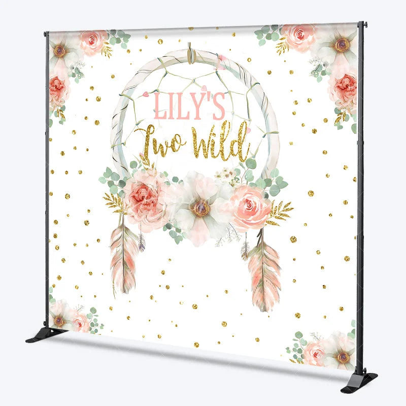 Aperturee - Aperturee Personalized Two Wild 2nd Birthday Backdrop Boho Floral Dreamcatcher Theme Custom Name Party Decor for Girl