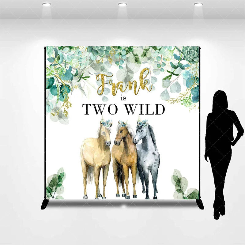 Aperturee - Aperturee Personalized Two Wild Birthday Backdrop with Horses Eucalyptus Greenery Custom Name Boho 2nd Birthday Party Decor