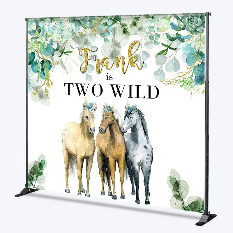 Aperturee - Aperturee Personalized Two Wild Birthday Backdrop with Horses Eucalyptus Greenery Custom Name Boho 2nd Birthday Party Decor