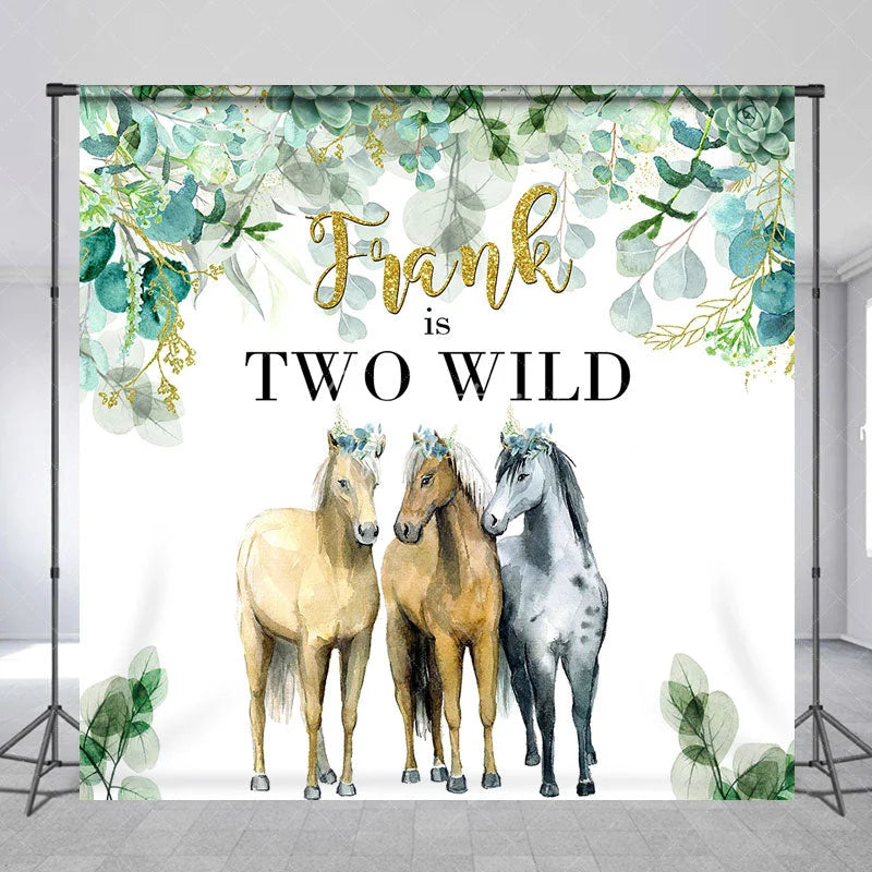 Aperturee - Aperturee Personalized Two Wild Birthday Backdrop with Horses Eucalyptus Greenery Custom Name Boho 2nd Birthday Party Decor