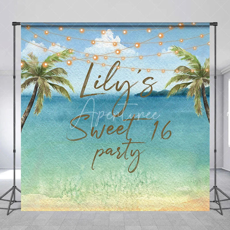 Aperturee - Aperturee Personalized Watercolor Tropical Beach Custom Backdrop Sweet 16 Party with Palm Trees and String Lights