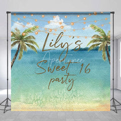 Aperturee - Aperturee Personalized Watercolor Tropical Beach Custom Backdrop Sweet 16 Party with Palm Trees and String Lights