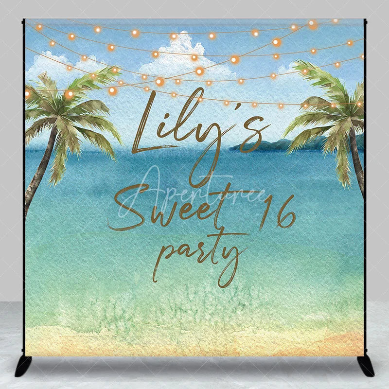Aperturee - Aperturee Personalized Watercolor Tropical Beach Custom Backdrop Sweet 16 Party with Palm Trees and String Lights