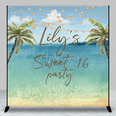 Aperturee - Aperturee Personalized Watercolor Tropical Beach Custom Backdrop Sweet 16 Party with Palm Trees and String Lights