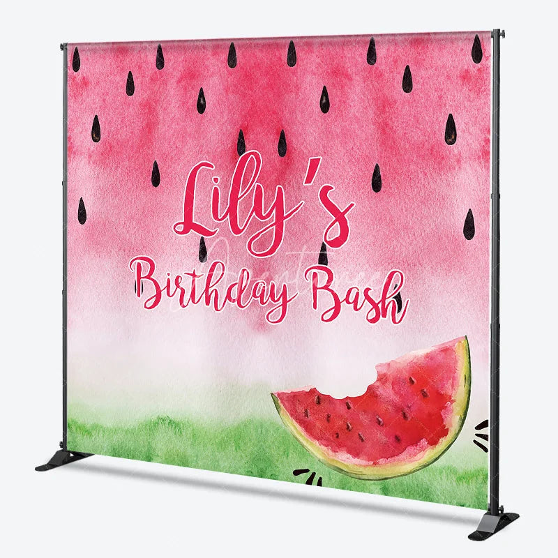 Aperturee - Aperturee Personalized Watermelon Birthday Bash Custom Backdrop Vibrant Pink and Green Summer Party Decor