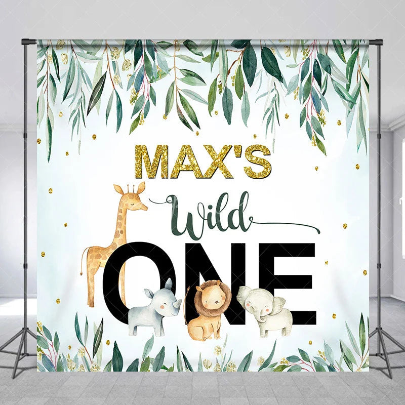 Aperturee - Aperturee Personalized Wild One Custom Birthday Backdrop Watercolor Jungle Animals and Green Leaves 1st Birthday Decor