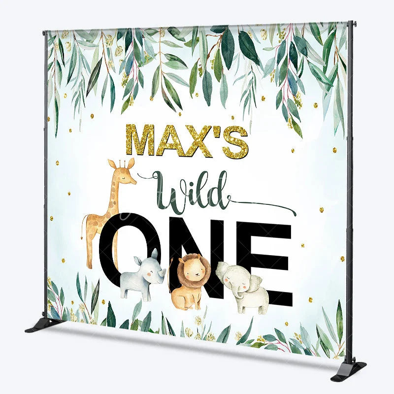 Aperturee - Aperturee Personalized Wild One Custom Birthday Backdrop Watercolor Jungle Animals and Green Leaves 1st Birthday Decor