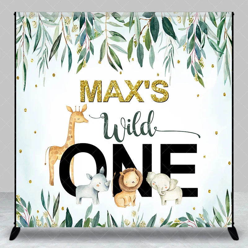 Aperturee - Aperturee Personalized Wild One Custom Birthday Backdrop Watercolor Jungle Animals and Green Leaves 1st Birthday Decor