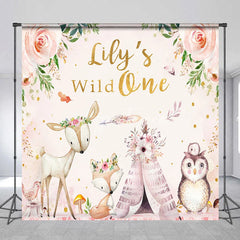 Aperturee - Aperturee Personalized Wild One First Birthday Backdrop Boho Woodland Animals with Fox and Deer Custom Name Party for Girl