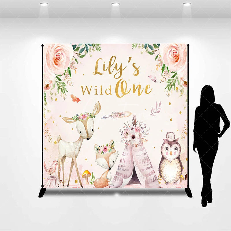 Aperturee - Aperturee Personalized Wild One First Birthday Backdrop Boho Woodland Animals with Fox and Deer Custom Name Party for Girl