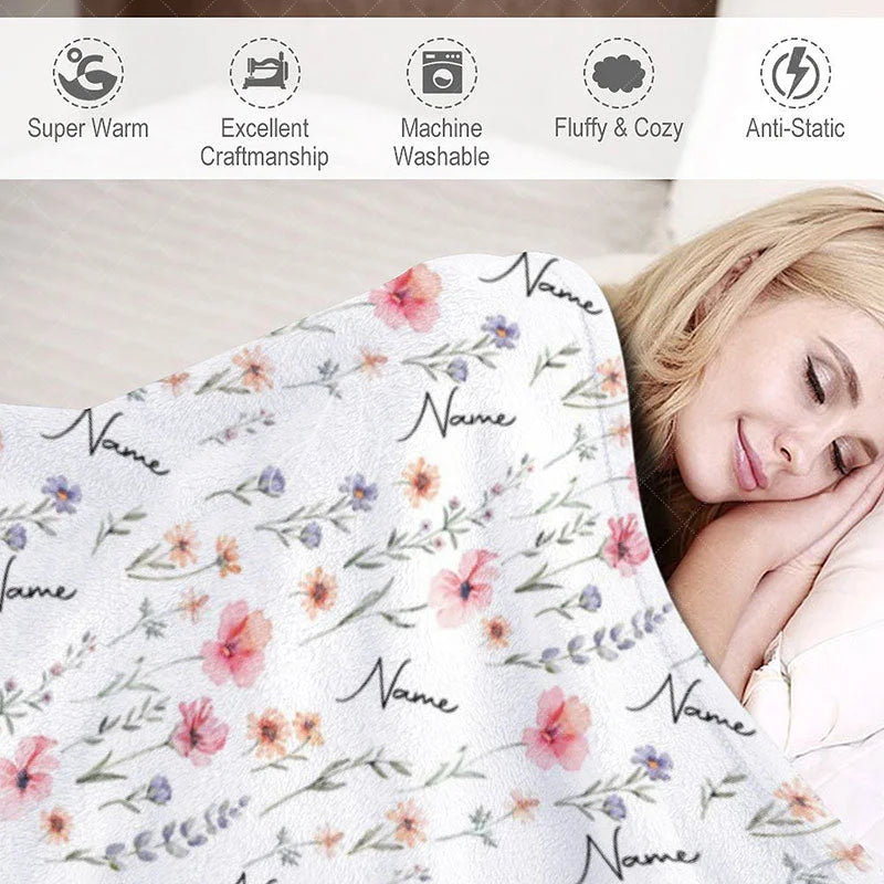 Aperturee - Aperturee Personalized Wildflower Floral Blanket with Custom Name Botanical Meadow for Baby Girl Nursery Decor Gift