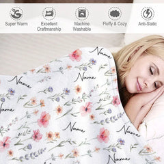 Aperturee - Aperturee Personalized Wildflower Floral Blanket with Custom Name Botanical Meadow for Baby Girl Nursery Decor Gift