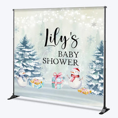 Aperturee - Aperturee Personalized Winter Baby Shower Backdrop Baby It’s Cold Outside Snowman Snowy Pine Trees Decor